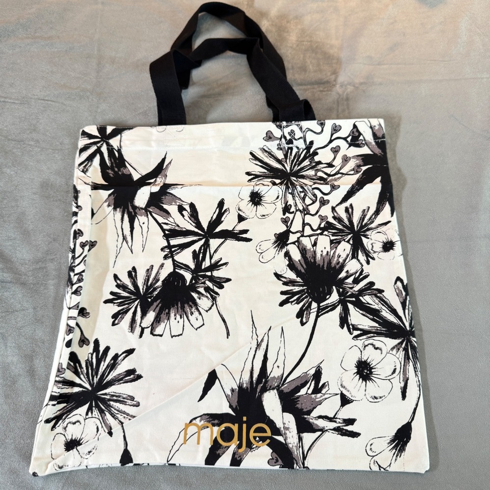 Maje Womens Shopping Market Tote Bag OS White Black Floral Canvas Botanical Chic